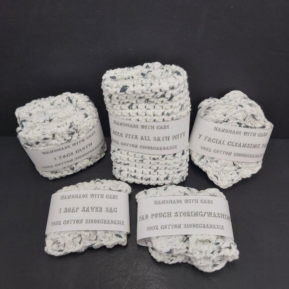 Crochet Eco-Friendly Spa Set 11 Pieces Cloth Pads Mitt Pouches White Gray New - Picture 10 of 15